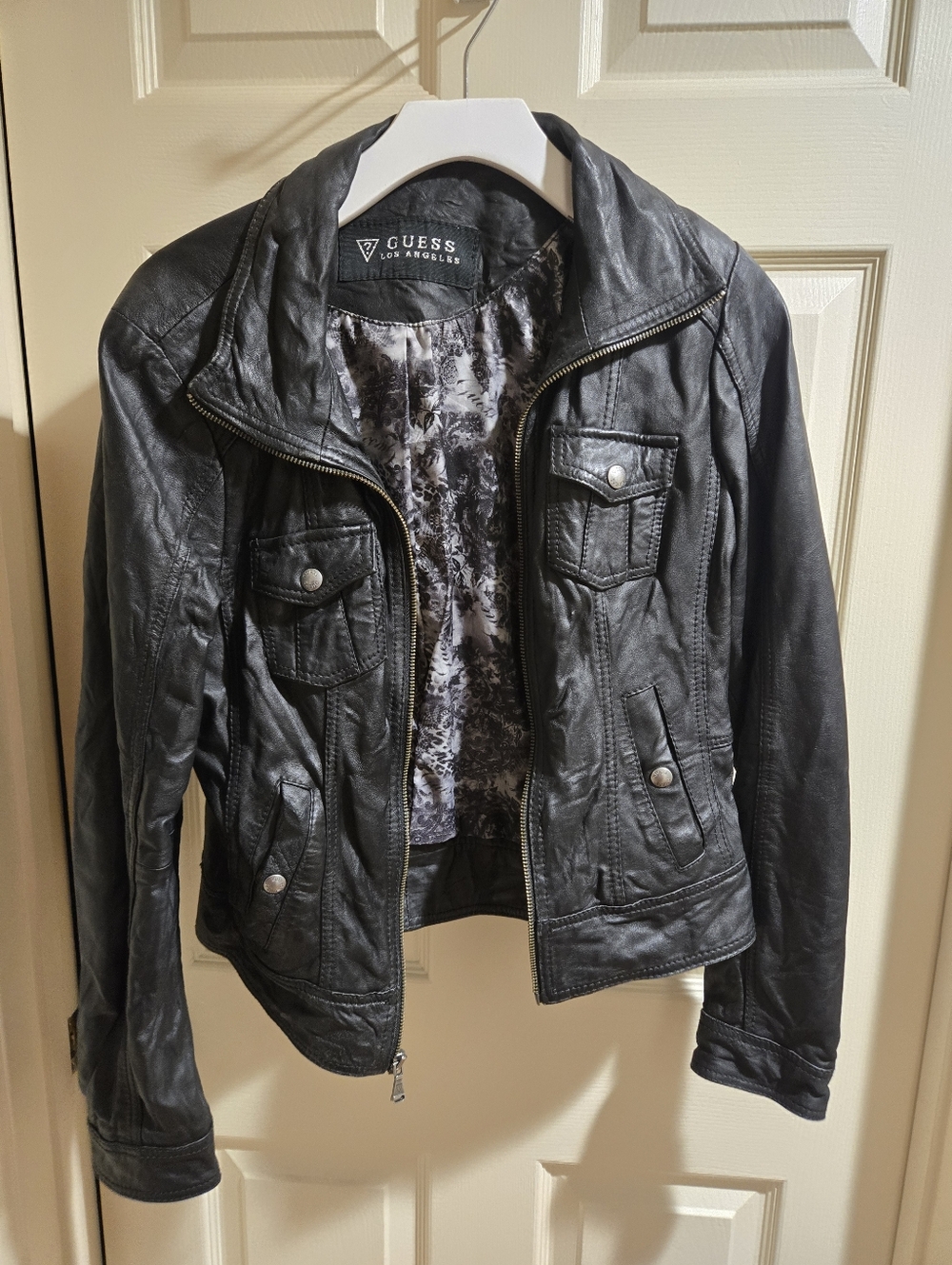 GUESS Black Faux Leather Moto Jacket with Snap Pockets